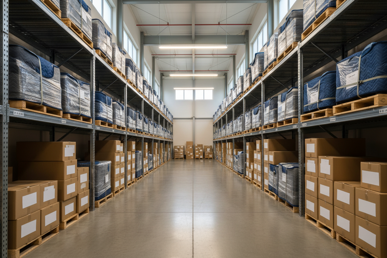 A clean, modern warehouse storage space with neatly stacked furniture and labeled boxes, items wrapped in protective blankets, wide organized aisles, bright natural and overhead lighting, minimal clutter, calm and simple environment, everyday storage use, realistic commercial photography, high resolution, no people, no text, no logos